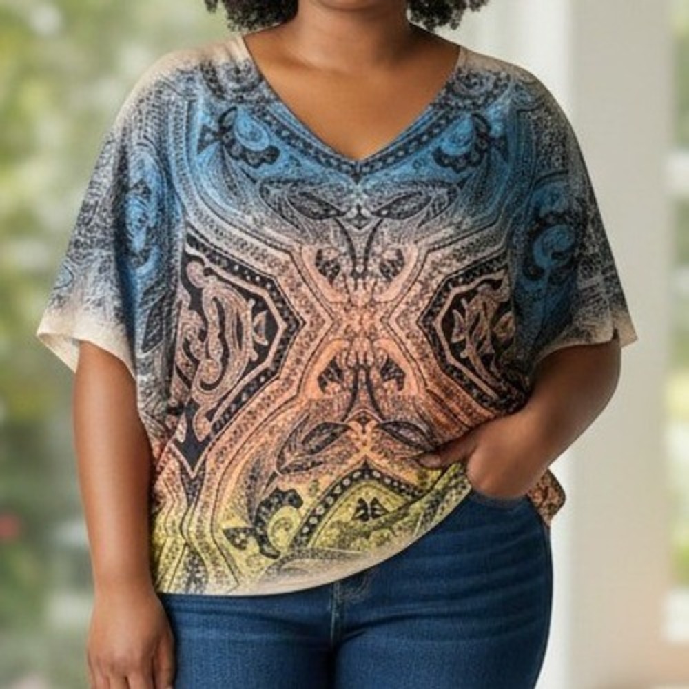 Julies Closet Ombre Paisley Rhinestone Dolman Sleeve V-Neck Blouse Boho Top